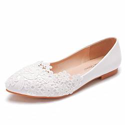 Kdtoll Brautschuhe Ivory Hochzeitsschuhe Flach Damen Spitze Lace Satin Pumps von Kdtoll