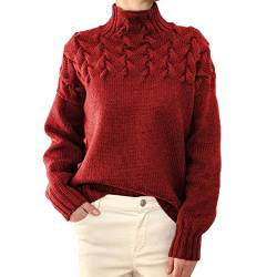 KeYIlowys Damenmode Zopfstrick Detail High Neck Langarm Pullover Damen High Neck Strickpullover von KeYIlowys