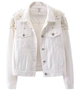 KEDERA Damen Jeansjacke mit Stickerei und Perlen, Weiß, Large von Kedera