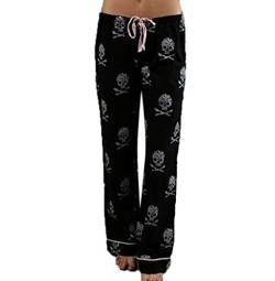 Keephen Damen Pyjama Lounge Pants Skull Print Kordelzug Bequeme Casual Stretch Palazzo Bottoms Pants Wide Leg von Keephen