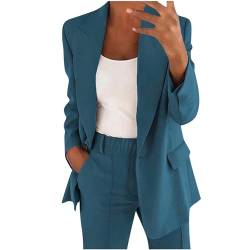 Keepink 2-teiliges Business-Outfit für Damen, lässig, langärmelig, vorne offen, Reverskragen, Blazer + Übergröße, elastischer Kordelzug, Alltagshose, elegant, einfarbig, Streetwear, 1-Blau, 5X-Large von Keepink