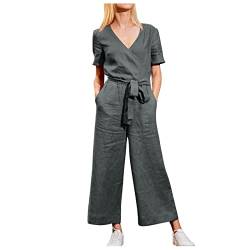 Keepink Damen-Jumpsuit 2024, kurzärmelig, mit Gürtel, weites Bein, lange Hose, Strampler mit Taschen, lässiger Baumwoll-Leinen-Spielanzug, Hose, V-Ausschnitt, lockerer Overall, Sommer, Arbeit, Reisen, von Keepink