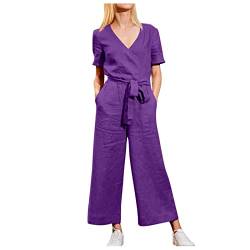 Keepink Damen-Jumpsuit 2024, kurzärmelig, mit Gürtel, weites Bein, lange Hose, Strampler mit Taschen, lässiger Baumwoll-Leinen-Spielanzug, Hose, V-Ausschnitt, lockerer Overall, Sommer, Arbeit, Reisen, von Keepink