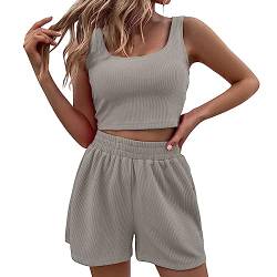 Damen Zweiteiler Sommer Hosenanzug Elegant Outfits Kleidung 2 Teiler Set Crop Tank Top + Shorts Y2k Aesthetic Clothes Workout Sport Anzug, Hosenanzug Damen Festlich Elegant von Keerlonno