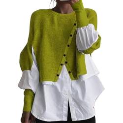 Pullover Damen Strickpullover Frauen Herbst und Winter geschichtete Pullover gespleißt Zwei Stück gestrickte Pullover Shirt Eleganter Pullover Herren (Green, M) von Keerlonno