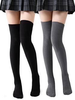 Kefiyis Oberschenkelhohe Socken Damen Kniestrümpfe Overknee Baumwolle Socken Lange Gestrickte Wärmer Strümpfe (Schwarz/Dunkelgrau) von Kefiyis