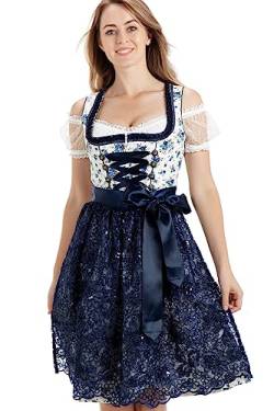 Kelliar Damen Dirndl Midi Trachtenkleid 100% Baumwolle. Mit Spitzenschürze Dirndlkleid für Oktoberfest Blau Weiß Gr.38 von Kelliar