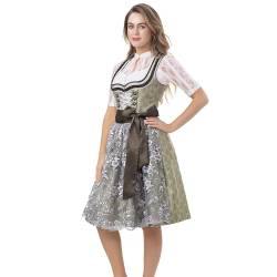 Kelliar Damen Dirndl Midi Trachtenkleid 100% Polyester, Mit Simulationsperle Spitzen schürze Schnürung Dirndlkleid für Oktoberfest Graugrün 60cm, Größen 34 von Kelliar