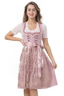 Kelliar Damen Dirndl Midi Trachtenkleid 100% Polyester, Mit Simulationsperle Spitzen schürze Schnürung Dirndlkleid für Oktoberfest Rosa 60cm, Größen 34 von Kelliar