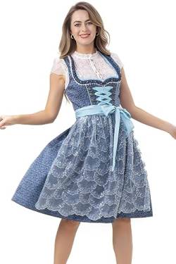 Kelliar Damen Dirndl Midi Trachtenkleid 100% Polyester, Mit Strassstein Spitzen schürze Schnürung Dirndlkleid für Oktoberfest Graublau 60cm, Größen 34 von Kelliar