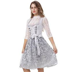 Kelliar Damen Dirndl Midi Trachtenkleid Mit Spitzenschürze Dirndlkleid für Oktoberfest Silber grau Gr.36 von Kelliar