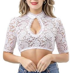 Kelliar Damen Dirndlbluse Spitze Hochgeschlossen Halbarm Dirndl Bluse Durchbrochener durchsichtiger Blumendruck Trachtenbluse für Oktoberfest Weiß, Größe 34 von Kelliar