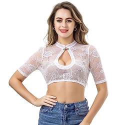 Kelliar Damen Dirndlbluse Spitze Völlig transparent mit Vintage-Metallschnalle KurzeÄrmel Dirndl Bluse Trachtenbluse für Oktoberfest Bavarian Weiß, Größe 40 von Kelliar