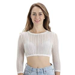 Kelliar Damen Dirnlbluse Siebenvierertelärmel Spitze mit Elegantes Transparent Langarm Trachtenbluse für Oktoberfest, Weiß Größe 32 von Kelliar