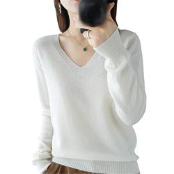 Damen Pullover Herbst Winter Kaschmir Strickpullover V-Ausschnitt Casual Weich Slim Basic Pullover Pullover, weiß, S von Kelsiop