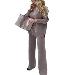 Damen Wolle Strickanzug Rollkragen + Hose Loose Style Zweiteilige Strickbekleidung Sportbekleidung, helles kaffebraun, Large von Kelsiop