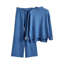 Herbst und Winter Strickhose Anzug Damen Rollkragenpullover Verdickte Lose Weite Bein Hose Zweiteiliges Set, blau, One size von Kelsiop