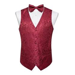 Hochzeit, Klassisches Rotes Paisley-Kleid, Herren-Tanktop, Modisch, V-Ausschnitt, Business-Weste, Fliege, Einstecktuch, Manschettenknöpfe MJ-0167 S von Kelsiop