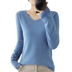 Kelsiop 100% Wolle Kaschmir Pullover Damen V-Ausschnitt Pullover Herbst und Winter Casual Strickoberteil Regular Coat, blau, L von Kelsiop