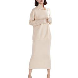 Rollkragen Kaschmir Anzug Damen Lose Pullover Mode Zweiteilig 100% Wolle Anzugtasche Hüfte Mode Rock Winter, beige, Large von Kelsiop