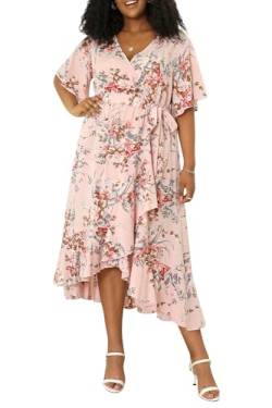 Keluummi Übergröße Hochzeitsgästekleid für Damen, Sommer, lässig, Boho, Blumenmuster, Maxi-Wickelkleid, V-Ausschnitt, Empire-Taille mit Tasche, 01 - Pink Floral, 44 Mehr von Keluummi