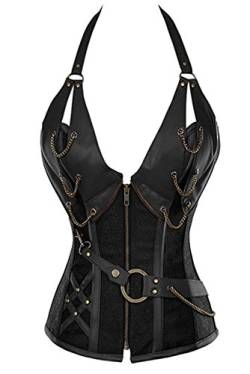 Martya Damen Brokatmuster Vollbrust Bustier Korsett Schwarz Steampunk Neckholder Corsage Top von Kelvry