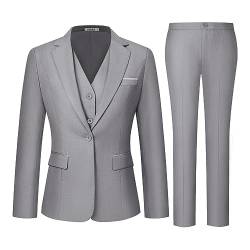 Kelyaa Damen 3-teiliger Anzug Lady Business Casual Büro One Button Slim Fit Blazer Jacke Weste Hosen Set, Hellgrau, Groß von Kelyaa