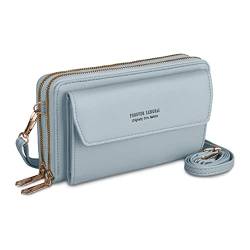 Kememo Handytasche zum Umhängen Damen Handy Umhängetasche Geldbörse Veganes Leder Handy Portemonnaie mit 12 Kartenfächer Handy Schultertasche Reißverschluss Crossbody Kleine Handy Tasche, Blau von Kememo