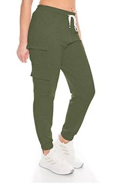 Damen Jogging Hose Jogginghose High Waist Baumwolle lang freizeithose Trainingshose Joggpants fitnesshose Jogpant stretch Sporthose Yogahose Jogger Yoga sport sexy Cargohose cargo-joggers Khaki L von Kendindza Collection