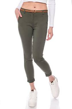 Kendindza Chino Damen Hose Stretch mit Gürtel Stoffhose Damen elegant lang (M, Khaki) von Kendindza Collection