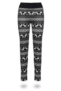 Kendindza Damen Rentier Norweger-Muster Thermo-Leggings gefüttert mit Innen-Fleece Motiv Blickdicht CA-L-001 DOUBLE DEER, Schwarz, L-XL von Kendindza Collection