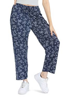 Kendindza Damen Sommerhose Damen leicht und luftig Sommer Hose Lang Leicht Freizeithose Blumen aus Baumwolle 05-H23 Blau M von Kendindza Collection