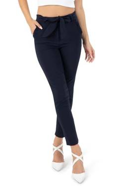 Kendindza Damen Stretch Hose Damen Hosen elegant mit Schleife High Waist Hose Damen Stoffhose Damen elegant Business Hose Damen Lang Schlupfhose Blau XL von Kendindza Collection