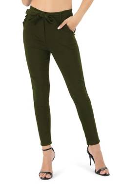 Kendindza Damen Stretch Hose Damen Hosen elegant mit Schleife High Waist Hose Damen Stoffhose Damen elegant Business Hose Damen Lang Schlupfhose Khaki M von Kendindza Collection