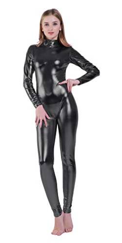 Kepblom Shiny Metallic Unitard Rollkragenanzug langärmlig Fußlos Zentai Catsuit Dancewear - schwarz - X-Small von Kepblom