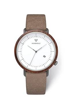 Kerbholz Holzuhr – Masterpieces Collection Clemens Vegan, analoge Herrenuhr, Quarz Uhr mit Datumsanzeige, Naturholz Gehäuse, Uhrenarmband aus Papiermaterial, ø 42mm (Walnut Brown Vegan) von Kerbholz