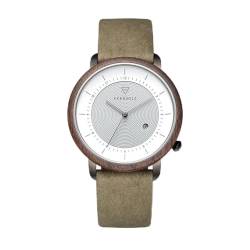 Kerbholz Holzuhr – Masterpieces Collection Michel Solar Vegan, analoge Herrenuhr, Quarz Uhr mit Datumsanzeige, Naturholz Gehäuse, Uhrenarmband aus Papiermaterial, ø 45mm, Walnuss (Walnut Olive) von Kerbholz