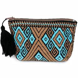 Ketzaly Münztasche: 100 % Baumwolle Münzbörse für Frauen,niedliche Geldbörse mit lebendigen Farben, Beige und Hellblau, Handgewebt von Ketzaly
