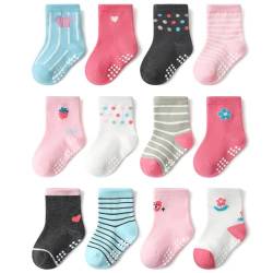 Kevaler Baby Mädchen Socken 12 Paar Jungen Babysocken Rutschfeste Unterseite Kleinkind Boden Socken Süß Cartoon Tiere Drucken Streifen (0-5 Jahre) von Kevaler