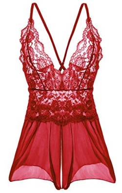 Keven Damen Spitze Negligee V-Ausschnitt Rückenfrei Dessous Set Reizwäsche Nachtwäsche (Rot, 3XL) von Keven