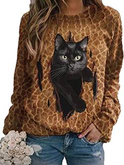 Damen süße 3D Katze Bedruckte Vintage Grafik T-Shirts Shirts Casual Langarm T-Shirts Tops von Kewing