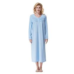 Keyocean Baumwollstrick-Frauen-Nachthemden, weiches bequemes leichtes langes Ärmel-Damen-Schlafkleid, mittelblau, 42 von Keyocean