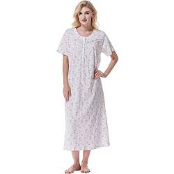 Keyocean Damen Nachthemden für alle Baumwolle Kurzarm Lange nightgowns Weiche Leichte Nachtwäsche Nachtlounge X-Large Creme mit rosa Blumen-Drucken von Keyocean