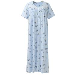 Keyocean Nachthemd Damen, weiche Baumwolle Bequeme leichte Kurze Ärmel Damen Schlafkleid, Blumenmuster auf Blau, X-Large von Keyocean