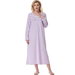 Keyocean Nachthemden für Frauen, weiche 100% Baumwoll-Strick-Nachthemden, Bequeme langärmelige Damen-Nachtwäsche Kleid für Mama, Hellviolett, L von Keyocean