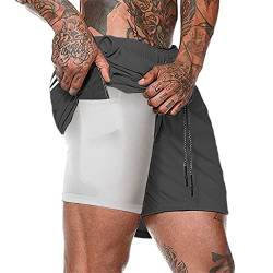 Herren Laufhose Kurz, 2-in-1 Aktiv Laufshorts Atmungsaktiv Innerer Kompressionsshorts mit Tasche Kordelzug Herren Deluxe Kurz Sporthose Trainingsshort,Schwarz,XXL von Kfnire