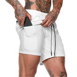 Herren Laufhose Kurz, 2-in-1 Aktiv Laufshorts Atmungsaktiv Innerer Kompressionsshorts mit Tasche Kordelzug Herren Deluxe Kurz Sporthose Trainingsshort,Weiß,XXL von Kfnire