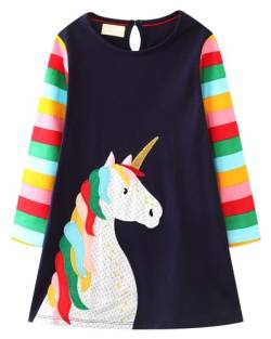 Kleid Mädchen Langarm Baumwolle Jersey A-Linie Freizeitkleidn Einhorn Kleider für Mädchen Gr. 105-110 von Kfnire