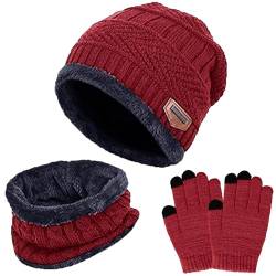 Wintermütze Kinder Schal Handschuhe 3PCs Fleece Gefüttert Beanie Strickmützen Warmem Mütze, Schal & Touchscree Handschuhe-Sets Verdicken Fleece Thermisch für Jungen Mädchen, Weinrot, 5-10Jahre von Kfnire