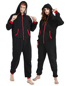 Kgromfy Einteiler mit Kapuze für Erwachsene, für Familienpaare, passender Pyjama, Reißverschluss, Nachtwäsche, einteilig, Weihnachts-Loungewear, schwarz-roter Reißverschluss, X-Large von Kgromfy